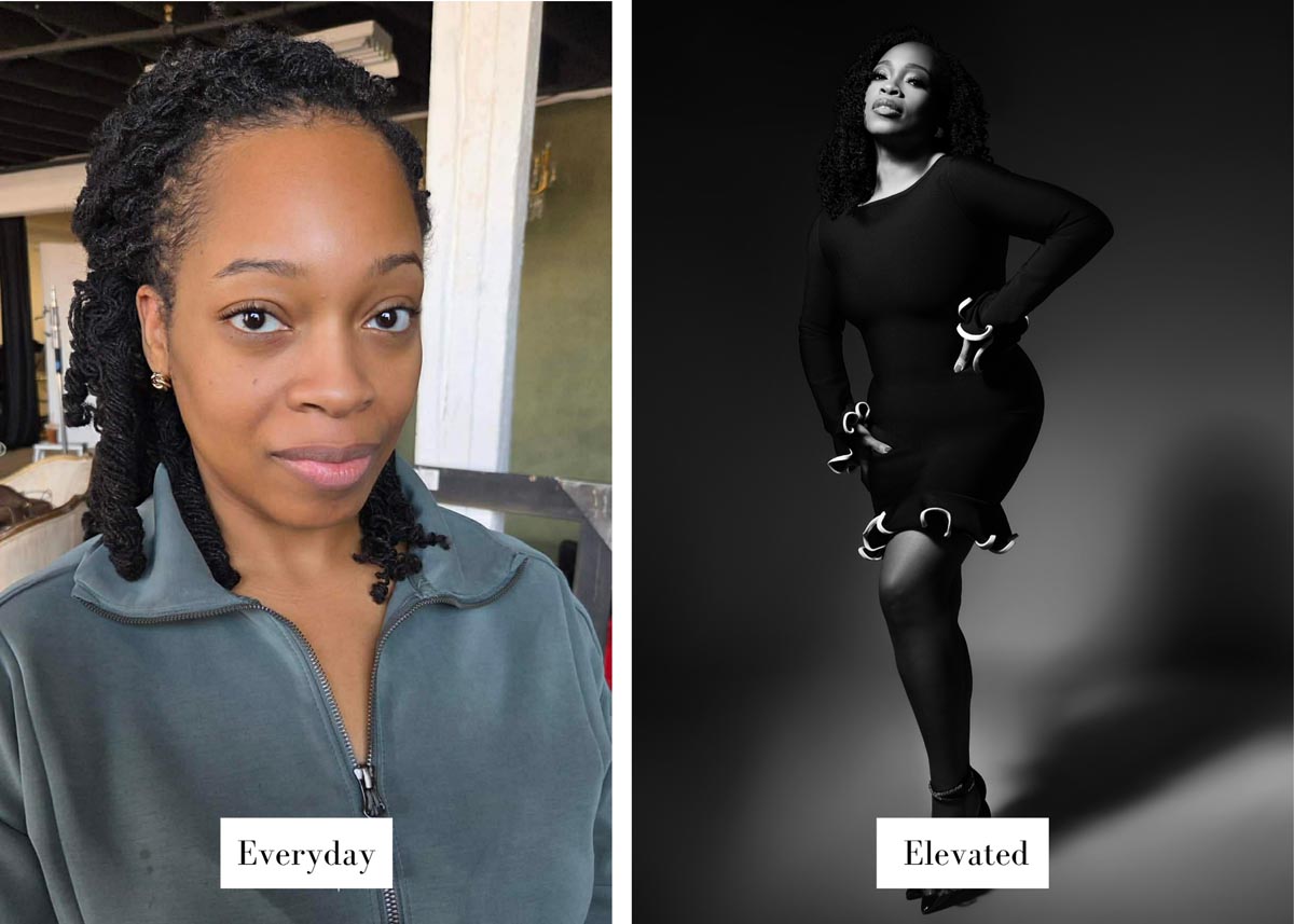 Split image: On the left, a woman wears a casual zip-up top and no makeup, labeled Everyday. On the right, she poses confidently in a black dress and heels—an inspiring before and after portrait transformation that highlights makeup for Black women.