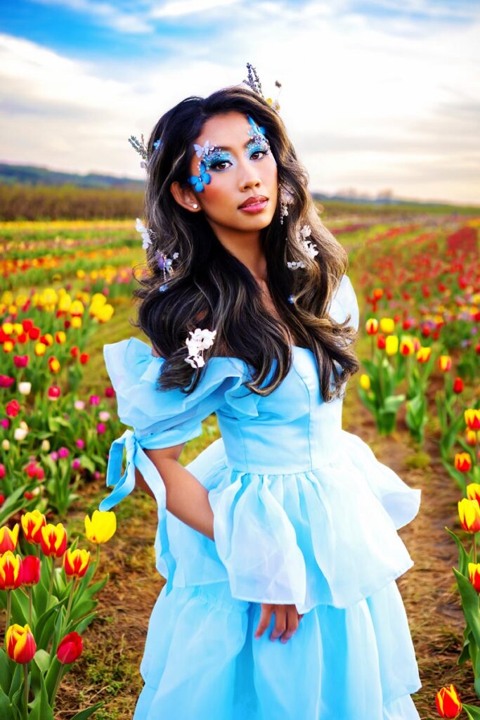 A woman in a light blue dress stands in a colorful tulip field. She has long wavy hair adorned with flowers and blue face paint, and the sky behind her is partly cloudy.